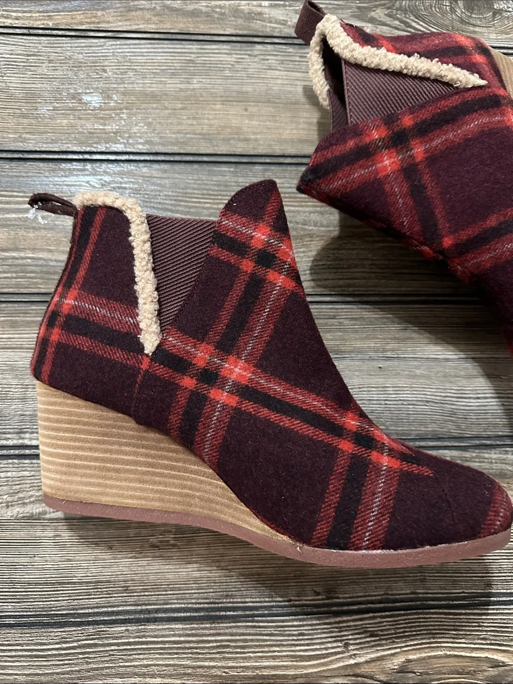 Plaid Sherpa Trim Wedge Booties - Burgundy Red Tom’s